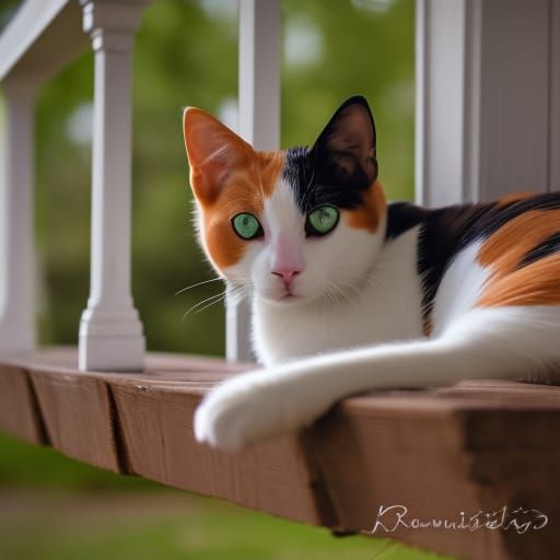 Happy Calico Cat Resting on Porch Step