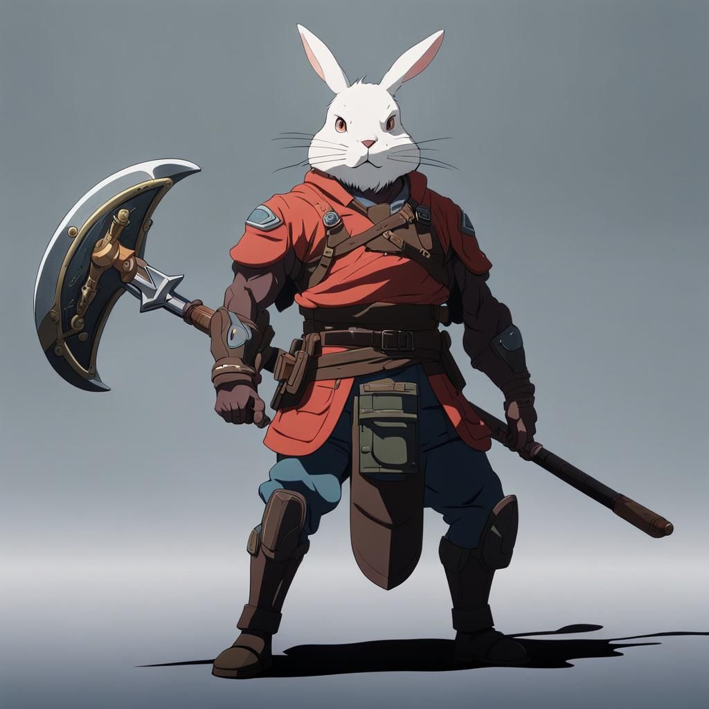 Rabbit Warrior with Greataxe in Anime Style