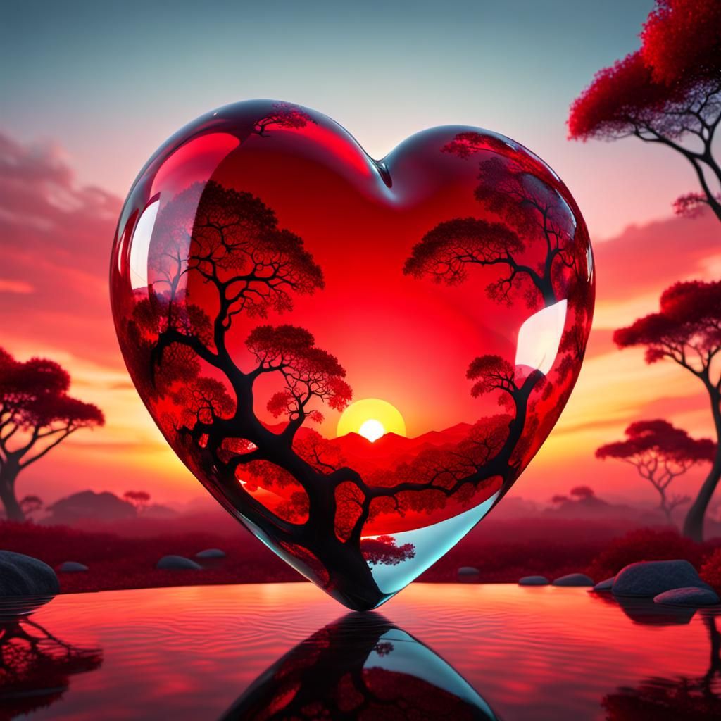 Red Glass Heart at Sunset in Fractal Style