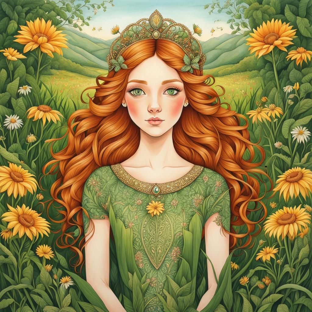 Ginger-Haired Princess Portrait in Detailed Ink Style