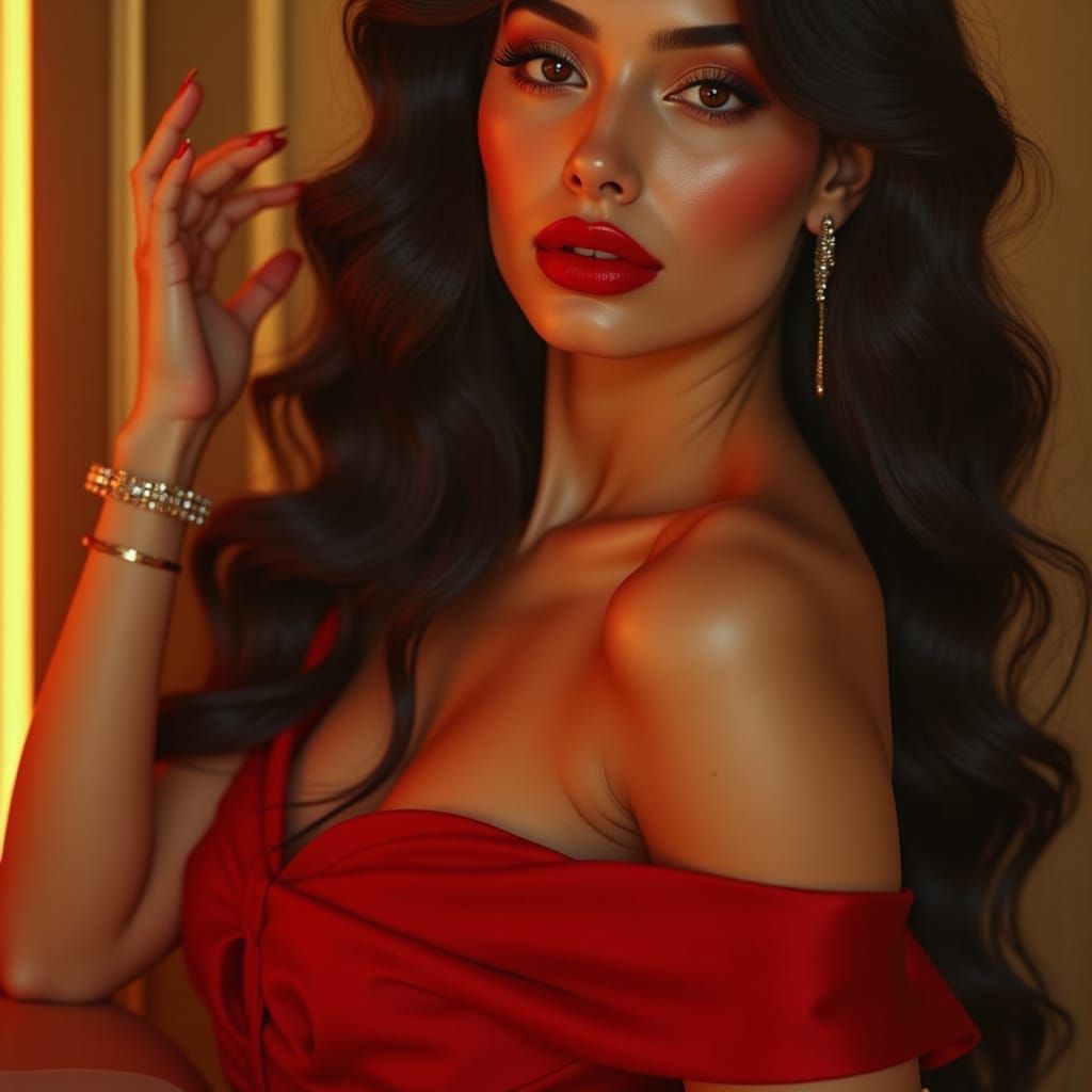 Brunette Princess in Crimson Gown with Volumetric Lighting