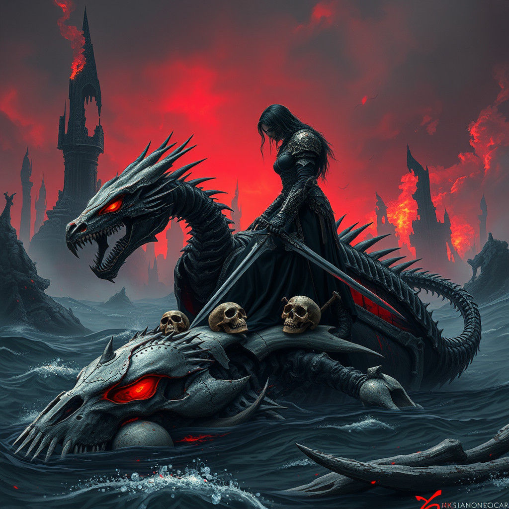 Warrior Mourns Dragon Companion in Apocalyptic Landscape