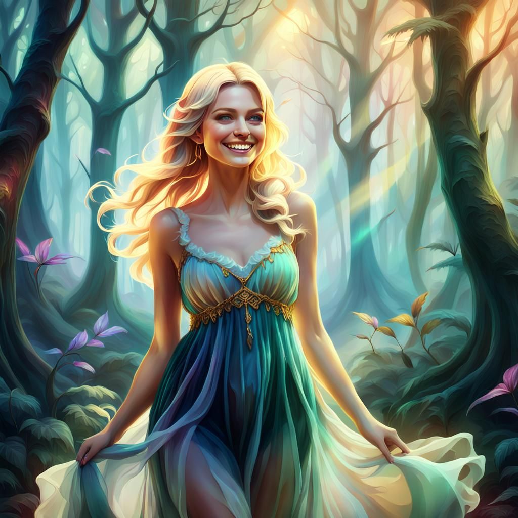 Enchanted Forest Girl in Flowing Chiffon: Fantasy Art