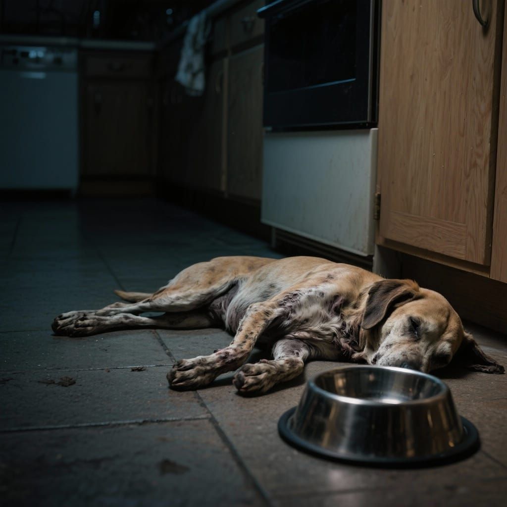 Starved Dog Sleeps in Dark Kitchen by Empty Bowl