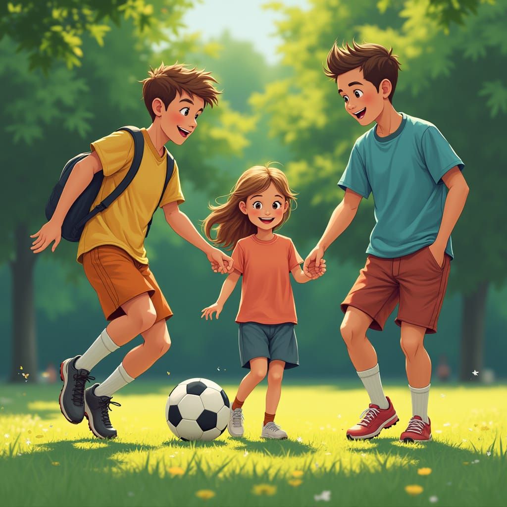 Friends Playing Soccer in Lush Green Park