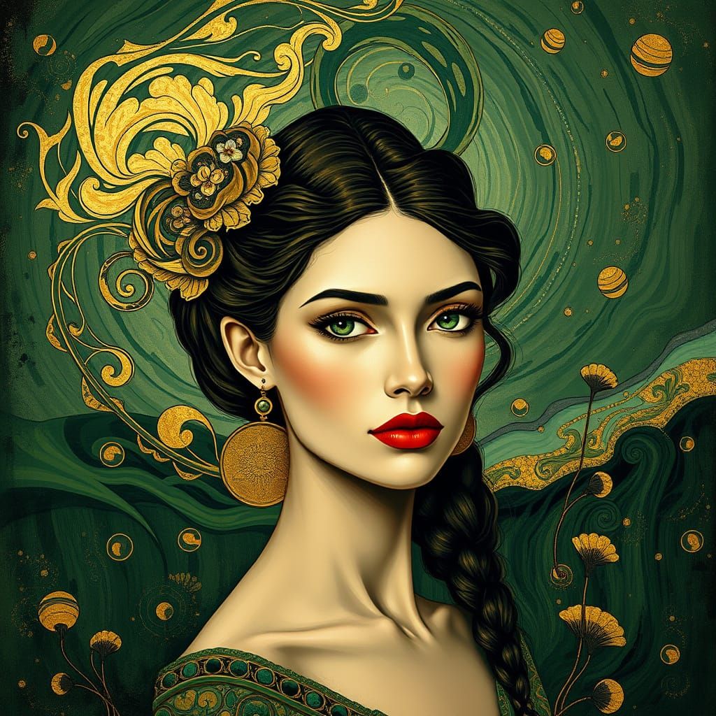 Golden Goddess in Emerald Hues: Art Nouveau Meets Zentangle