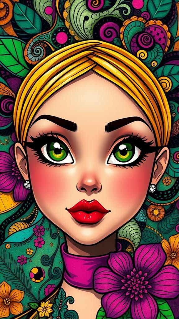 Vibrant Female Cartoon Face with Large, Expressive Green Eye...