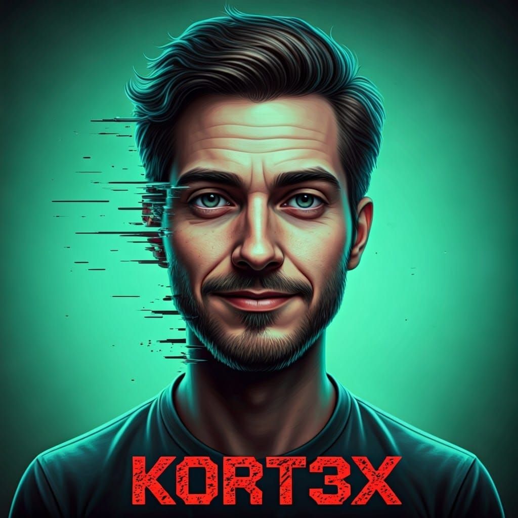 Distorted Man with Glitchy Smile on Green Background