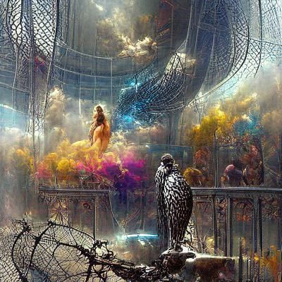 Cosmic Caged Bird: Hyperrealistic Digital Matte Painting