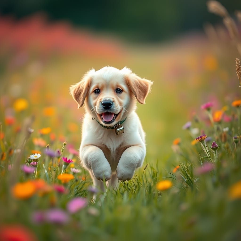 Golden Retriever Puppy in a Flower Field