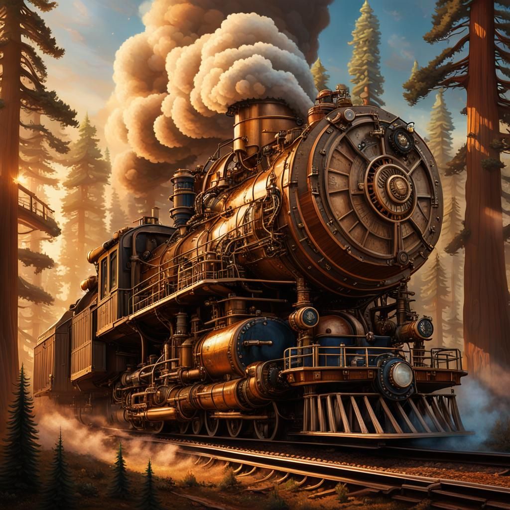 Steampunk Sequoia with Engine in Golden Light
