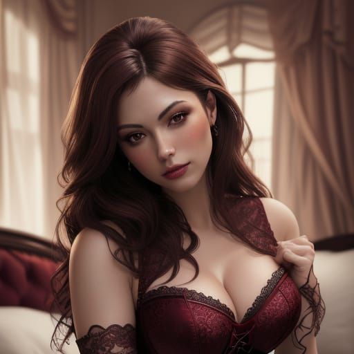 Hyper-Realistic Portrait of Brunette in Burgundy Lace