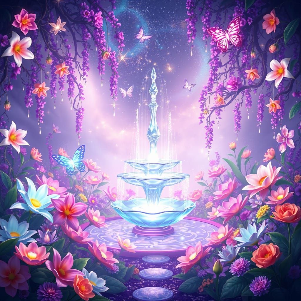 Enchanted Garden with Crystal Fountain in Anime Style