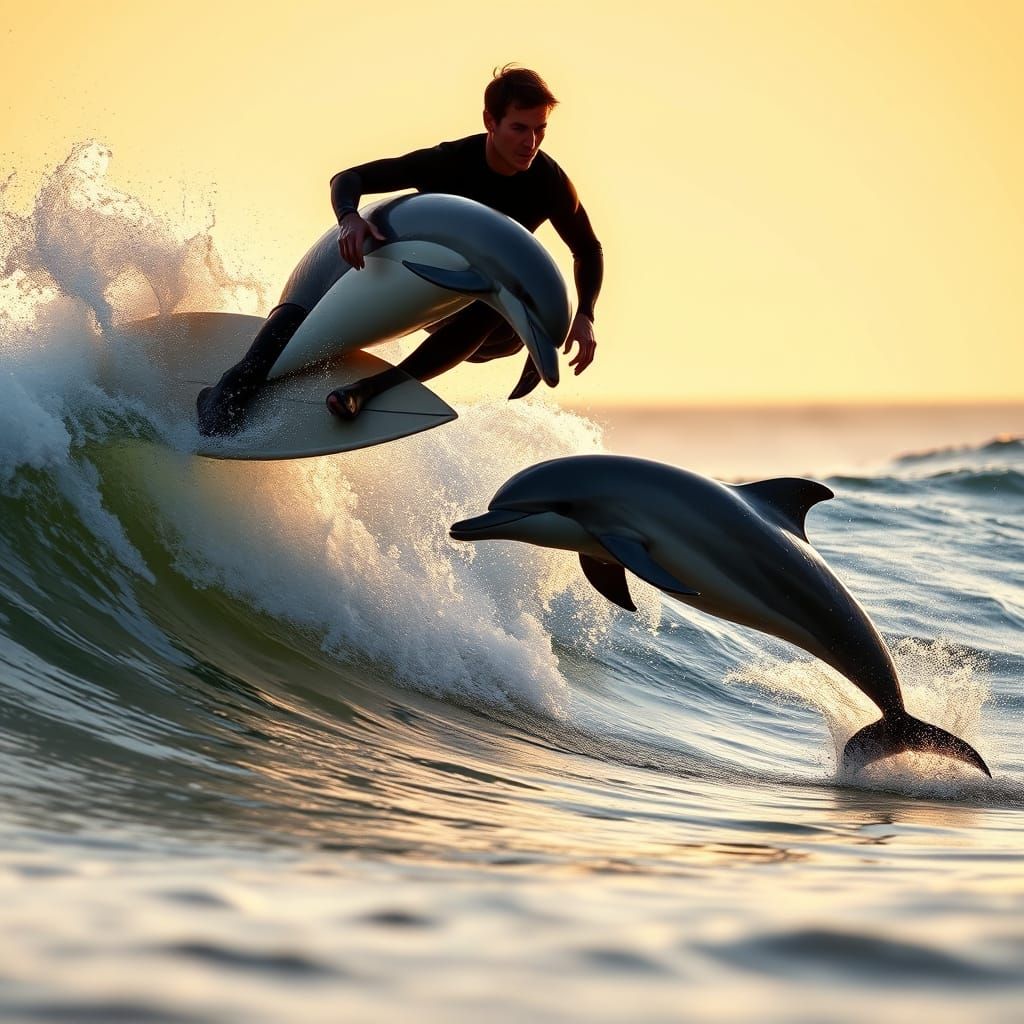 Surfer Rides Wave with Leaping Dolphin in Sunny Ocean