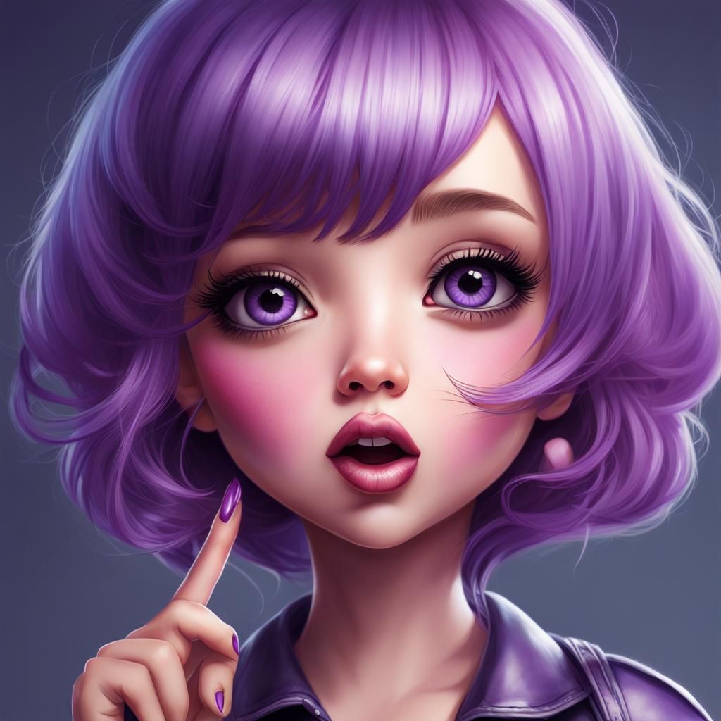 Chibi Woman with Purple Hair Blowing Kiss, Pastel Art