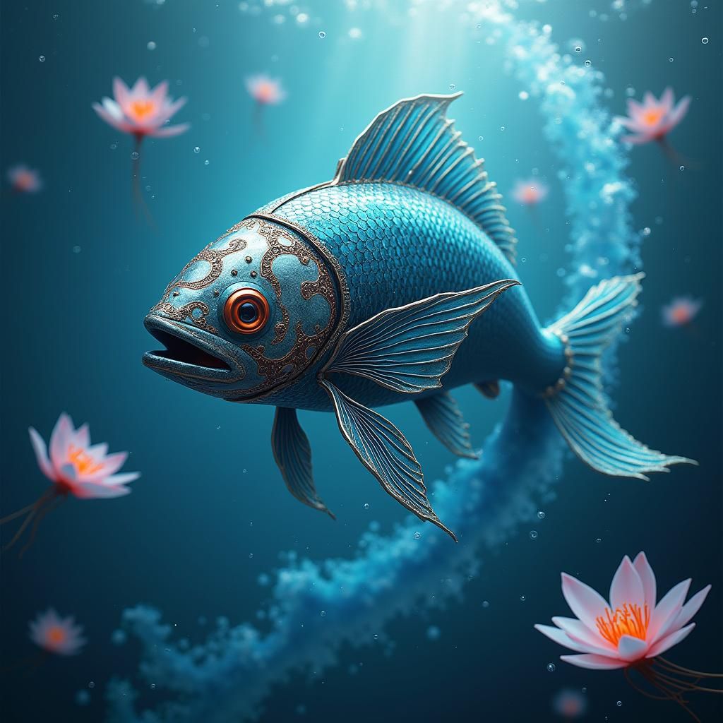 Majestic Robot Fish in Ethereal Underwater Scene