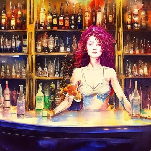 Folies-Bergère Bartender in Watercolor Calligraphy Style