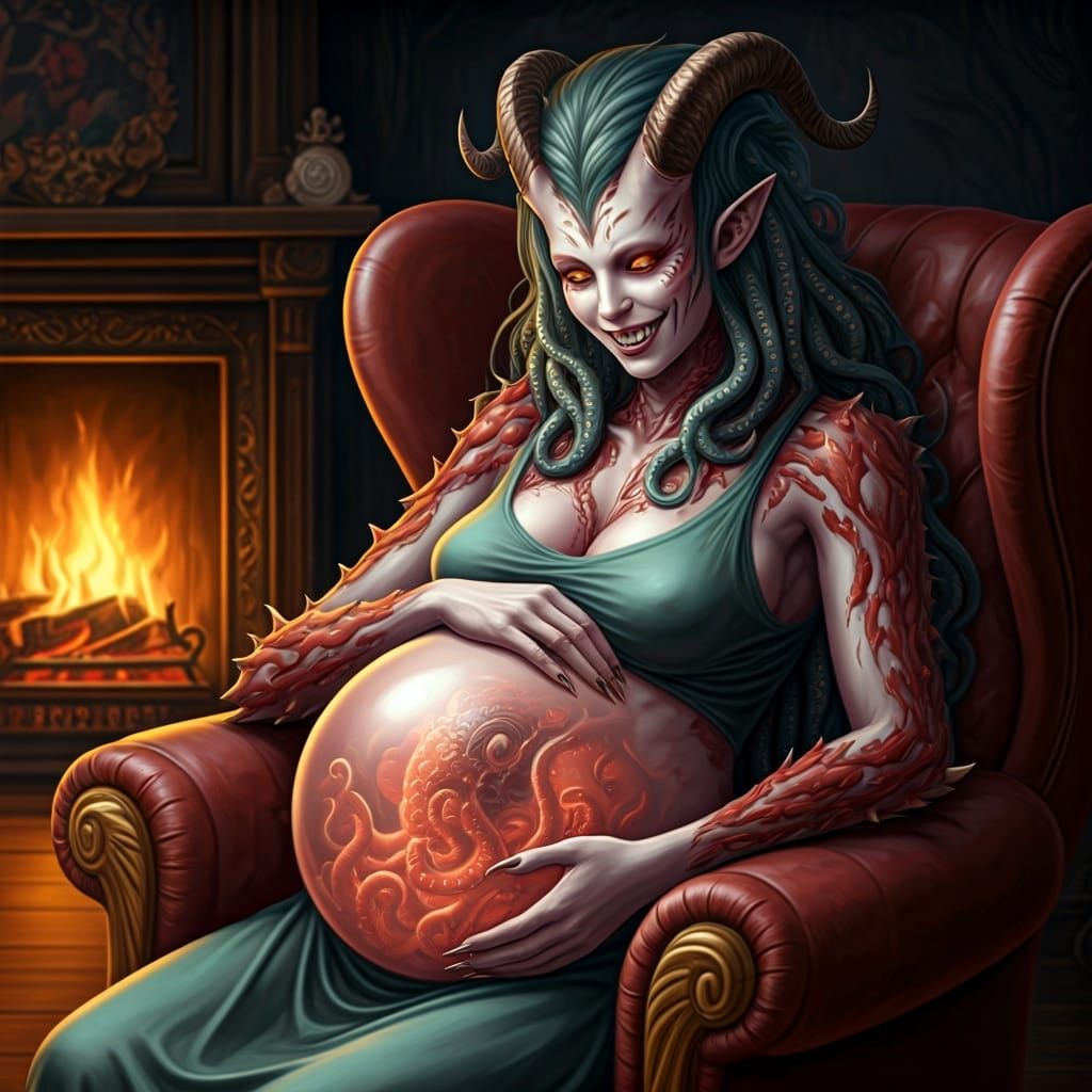 Happy Pregnant Monster Lady in Cozy Room