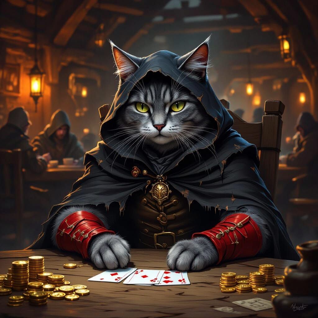 Anthropomorphic Cat Gambles in Fantasy Tavern