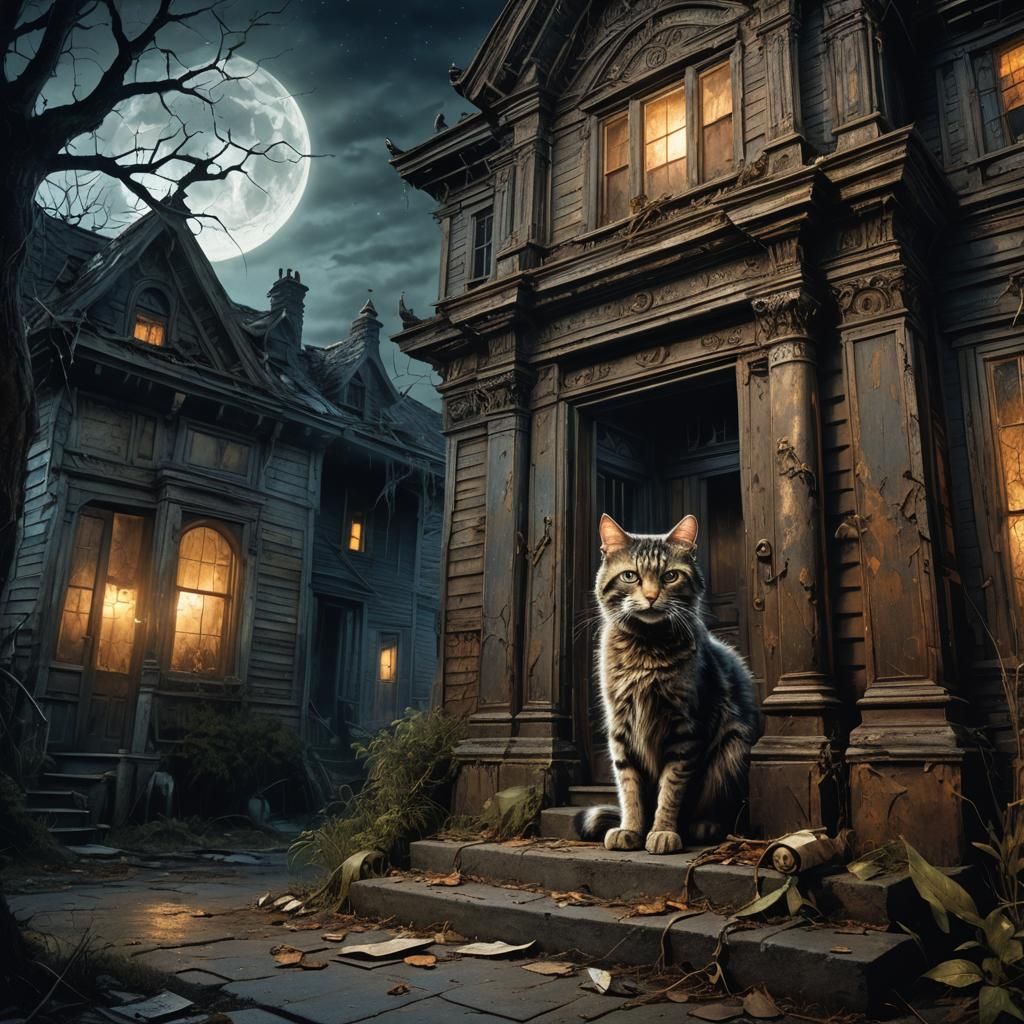 Cat Guarding Haunted House in Dark Fantasy Style