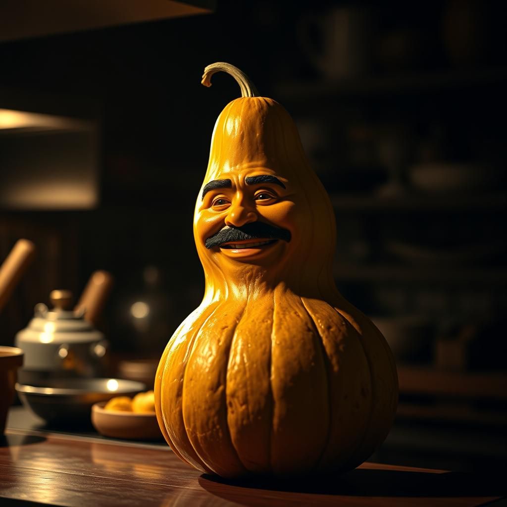 Charismatic Gourd Chef in Cinematic Kitchen