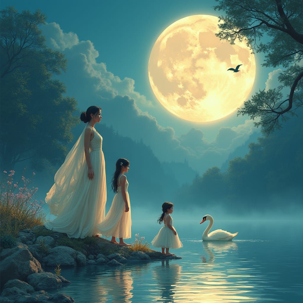 Swan Lake: Divine Figures in Gouache Painting