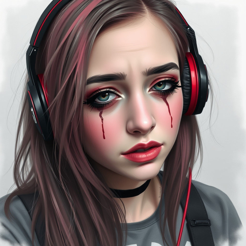 Emo Girl with Headphones and Smudged Eyeliner