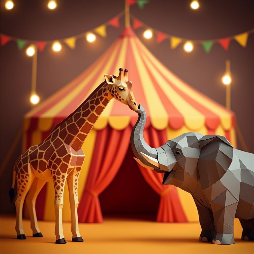 Giraffe and Elephant Touching Noses in Origami Circus