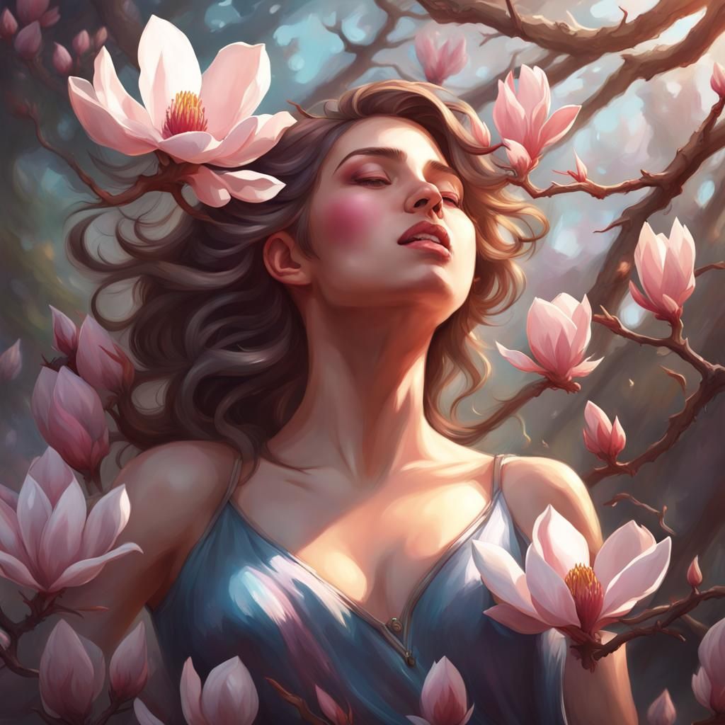 Passionate Teen Singer with Magnolia, Detailed Portrait