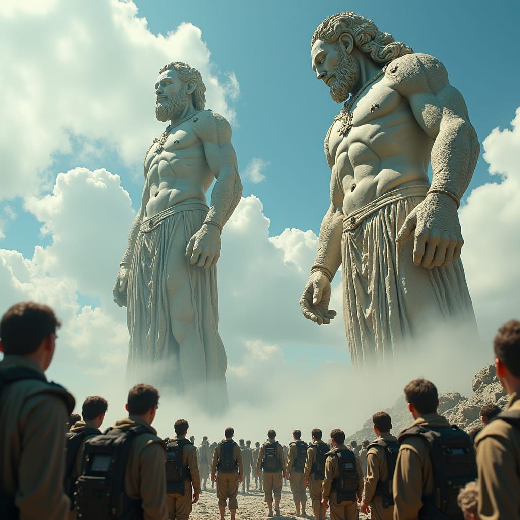 Colossal Mythic Statues Hovering in Dystopian Sky