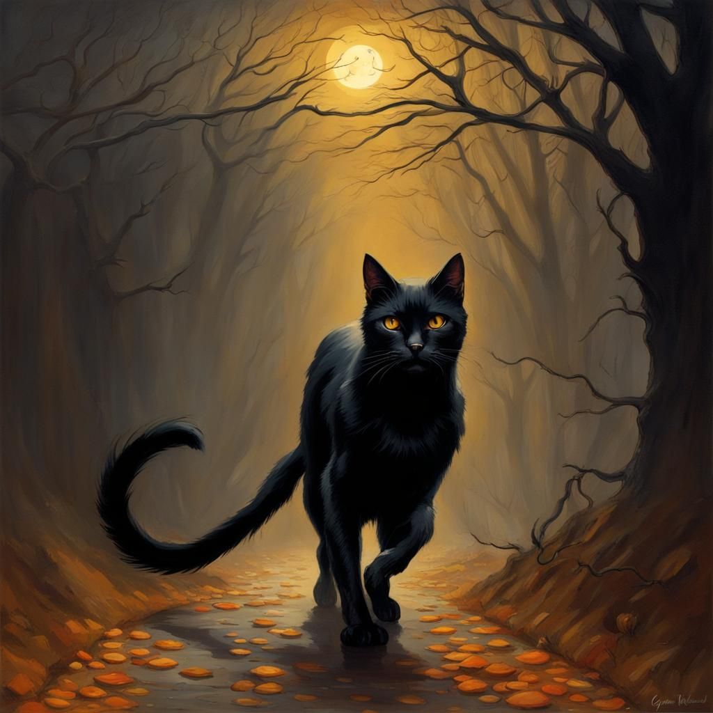 Black Cat in Dark Halloween Scene