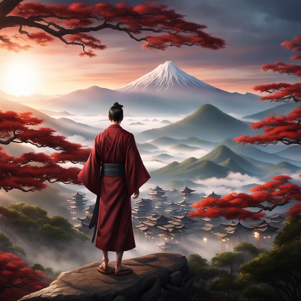 Asian Man Sunrise: Dark Fantasy Concept Art