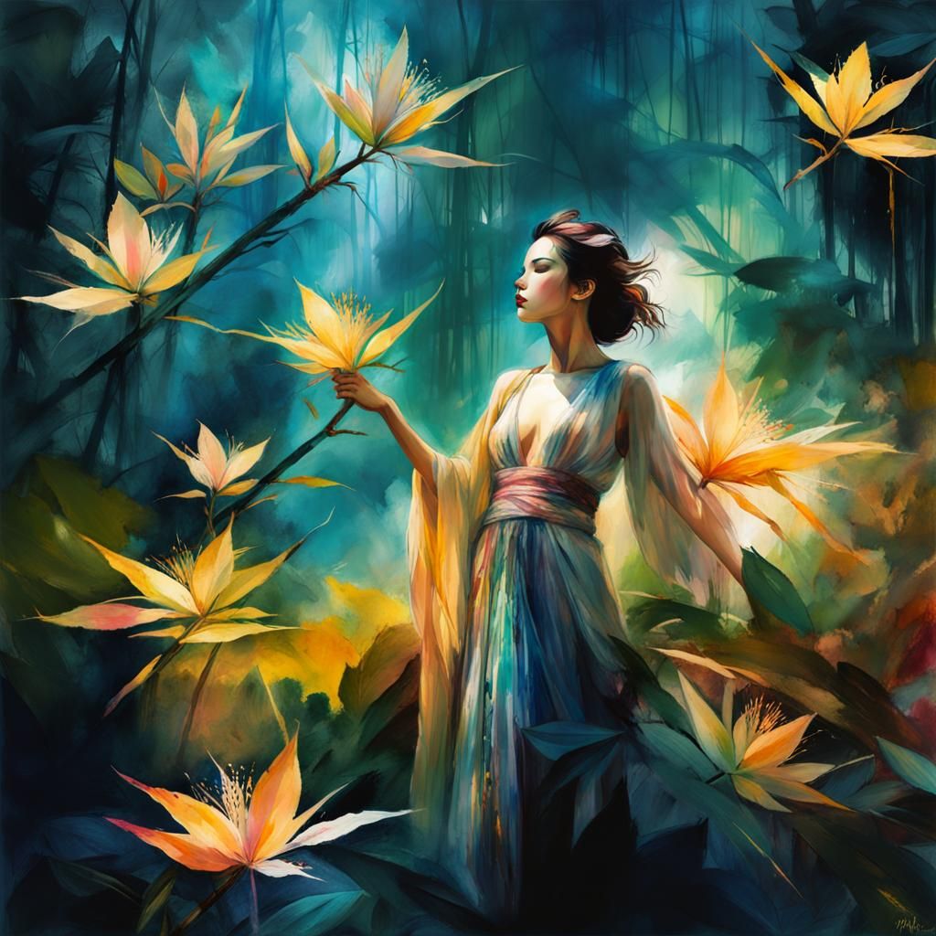 Watercolor Double Exposure: Waterfall Girl and Bamboo