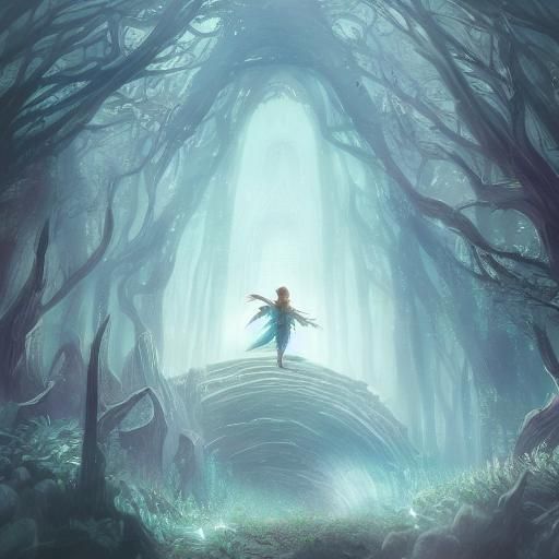 Elven Creature Interacting With a Mystical Glowing Arch