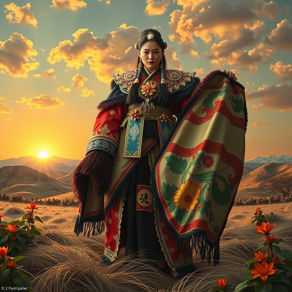 Ainu Woman in Vibrant Blossoms: Timeless Beauty in Tradition...