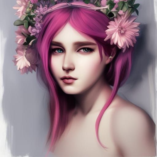 Girl with Pink Hair, Flower Crown: Hyperdetailed Portrait