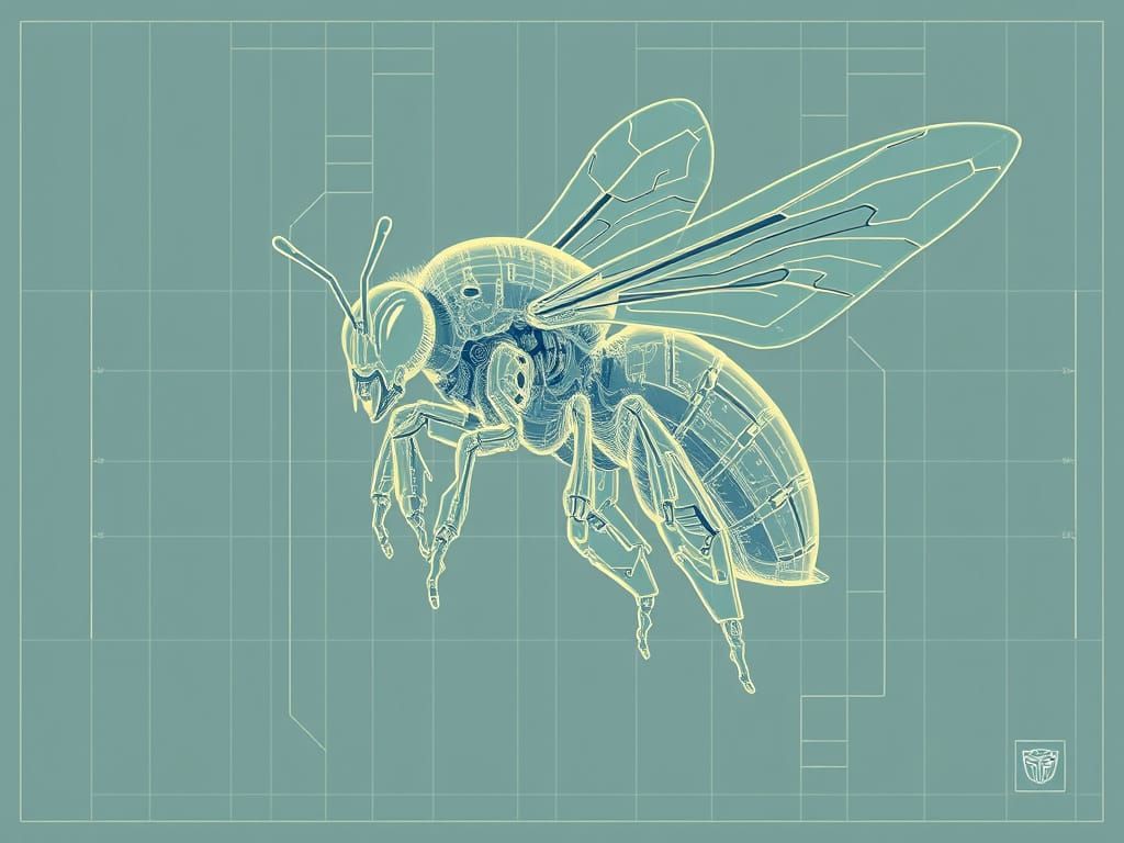Mechanical Bumblebee in Flight: Futuristic Blueprint Design