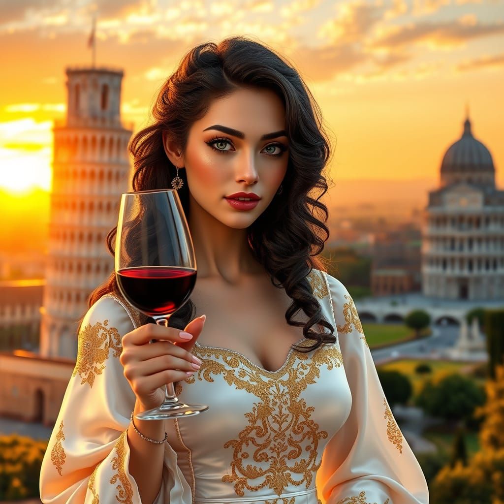 Elegant Italian Renaissance Woman Sipping Wine in Golden Tus...