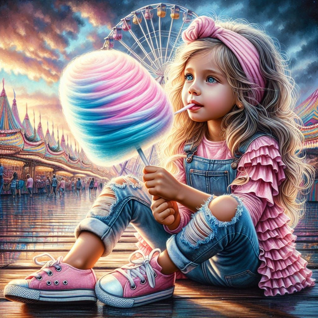 Little Girl Enjoys Cotton Candy: Wet Oil Painting