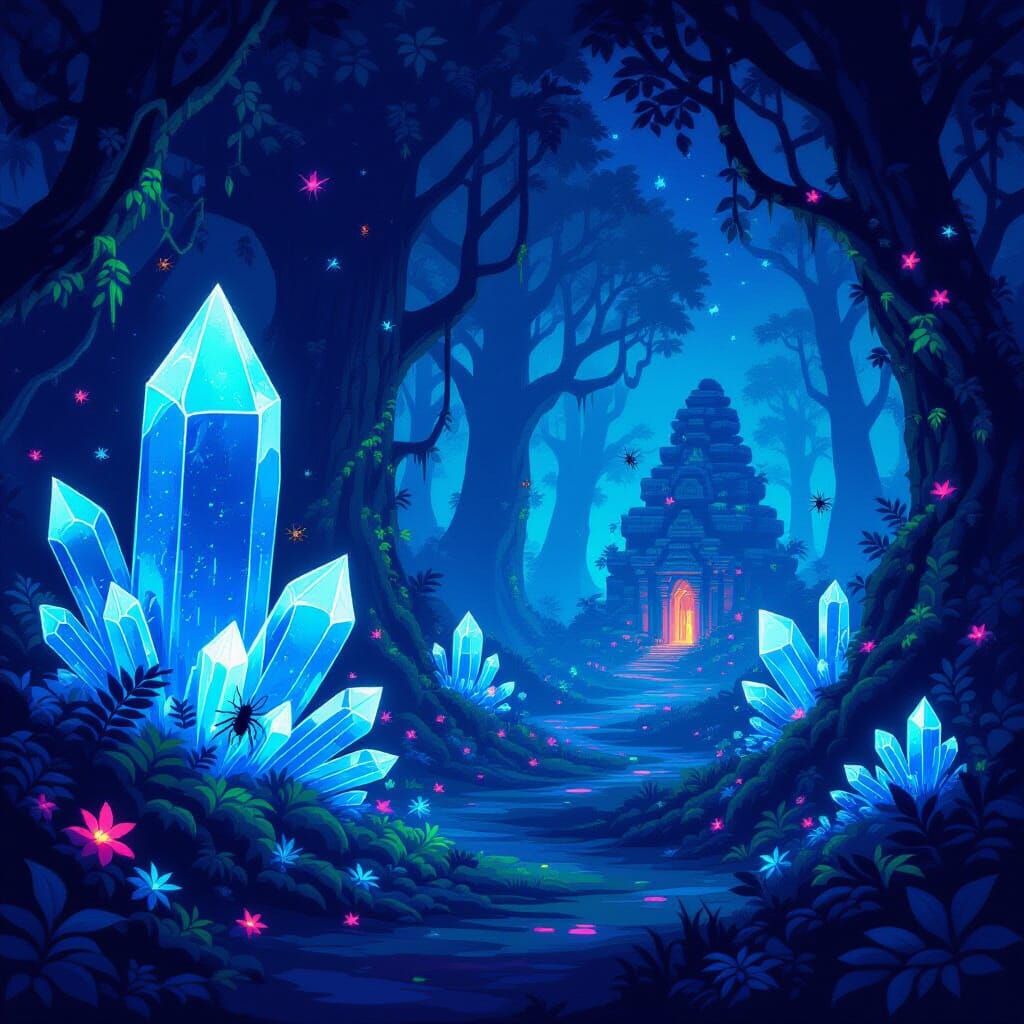 Bioluminescent Crystal Forest at Midnight in Psychedelic Pix...
