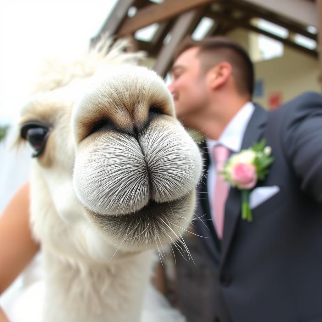 Llama Photobombing a Bride and Groom Selfie