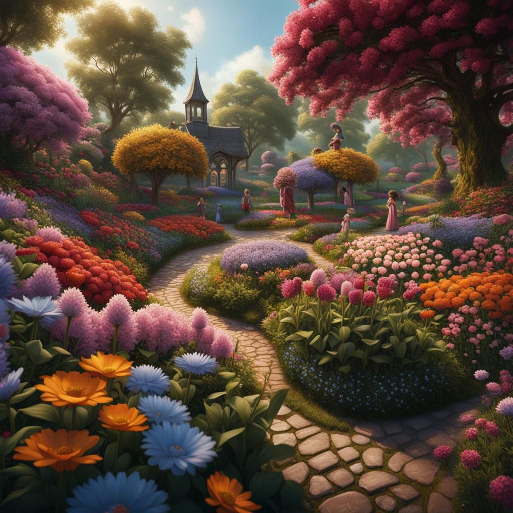 Children Playing in a Fantastical Flower Garden