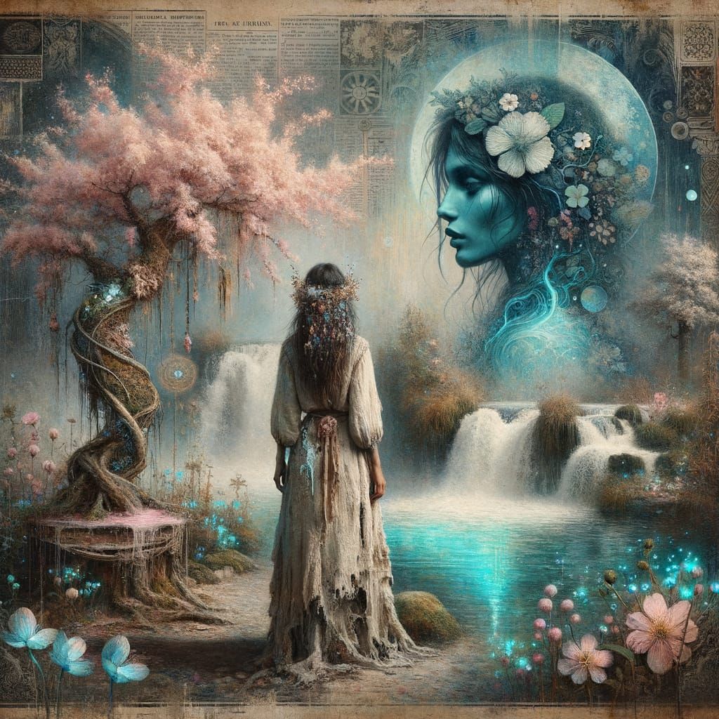 Blue Alien and Bohemian Woman in Encaustic Style