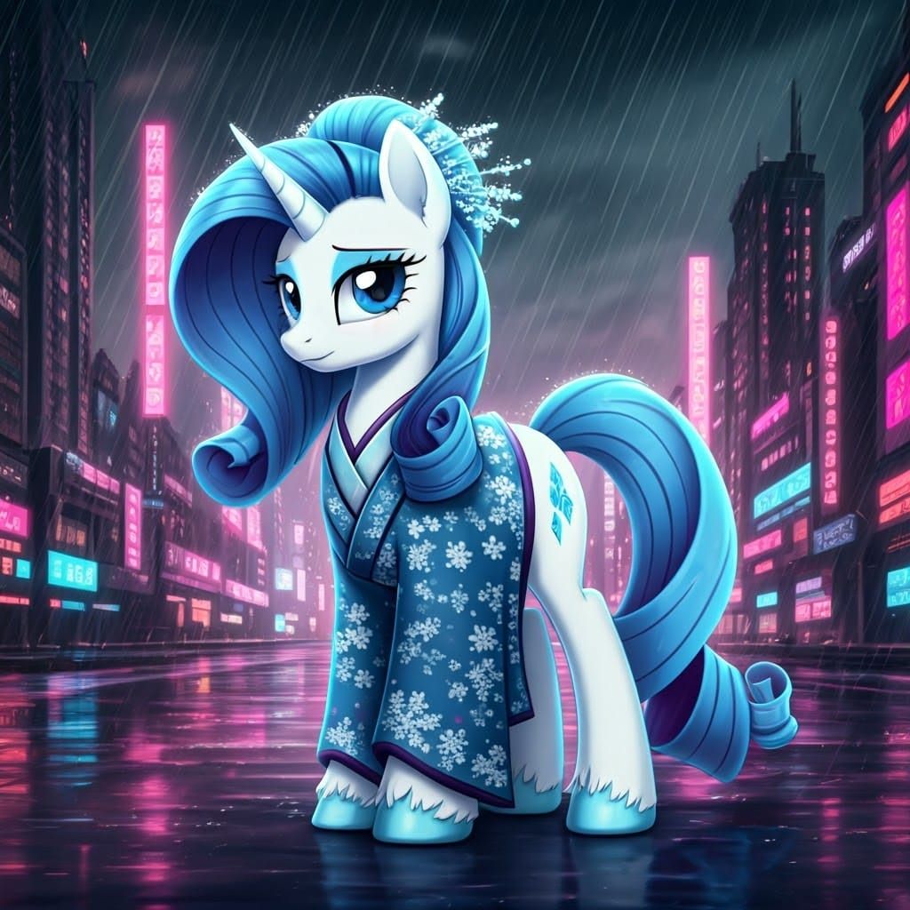 Ethereal Snow Geisha in Cyberpunk City