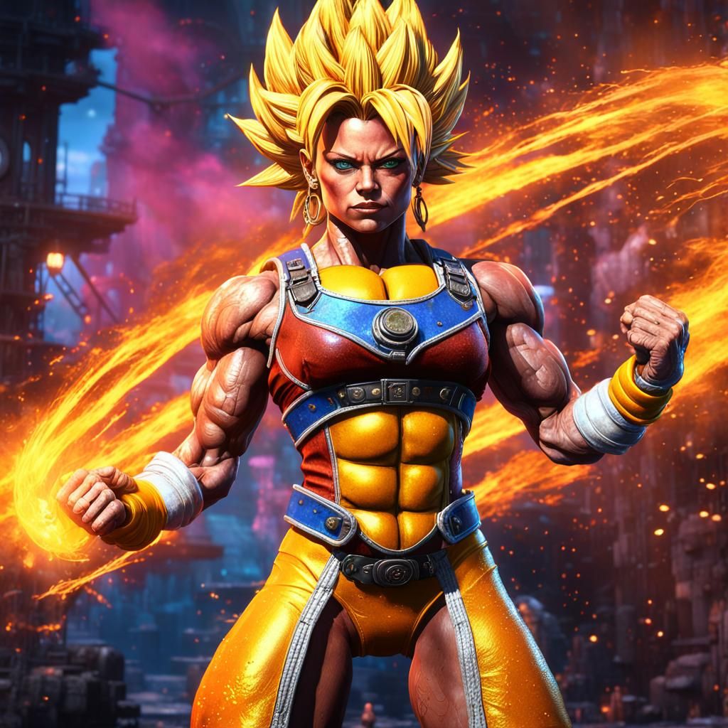 Dieselpunk Super Saiyan Heroine: Detailed Matte Painting