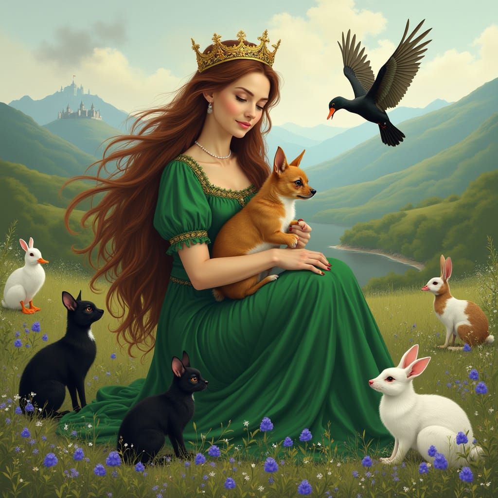 Regal Woman in Emerald Green Gown with Woodpecker and Furry ...