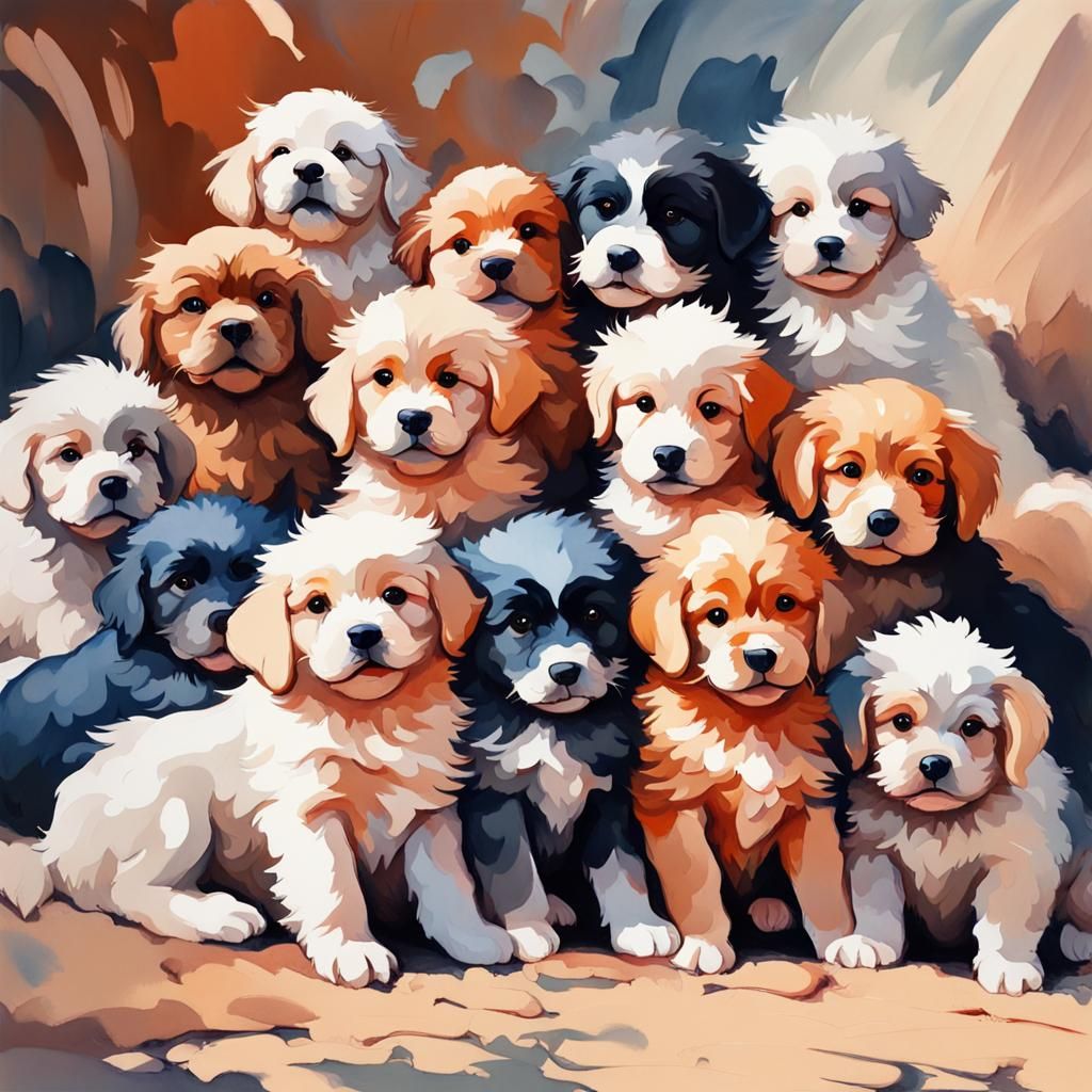 Fluffy Puppies Pile in Gouache Watercolor Style