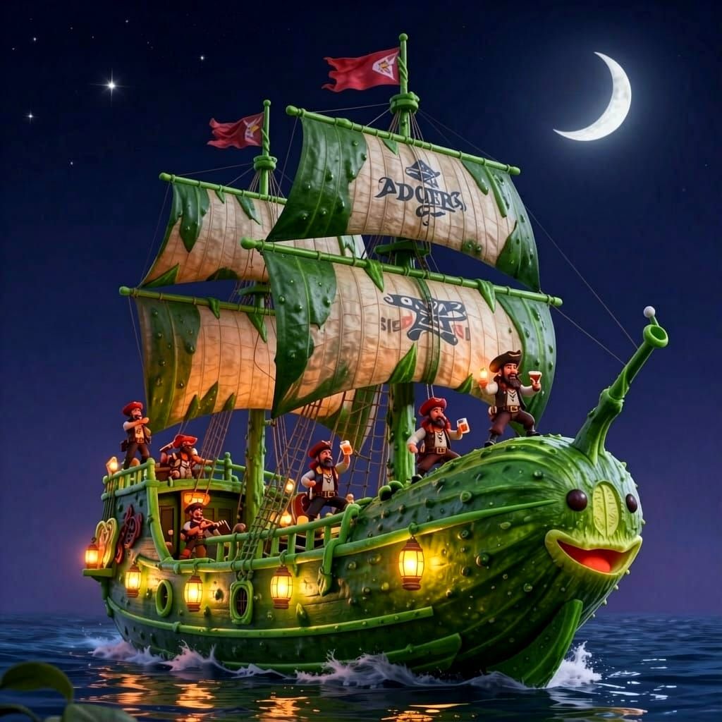 Giant Cucumber Pirate Ship Sailing Under Stars