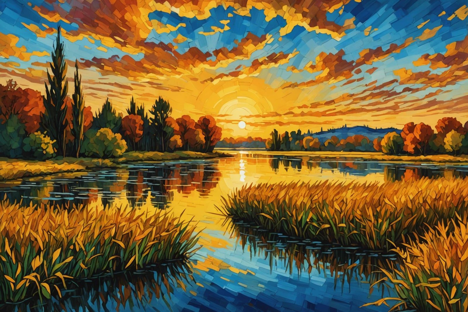 Autumn Sunset Landscape in Van Gogh Style