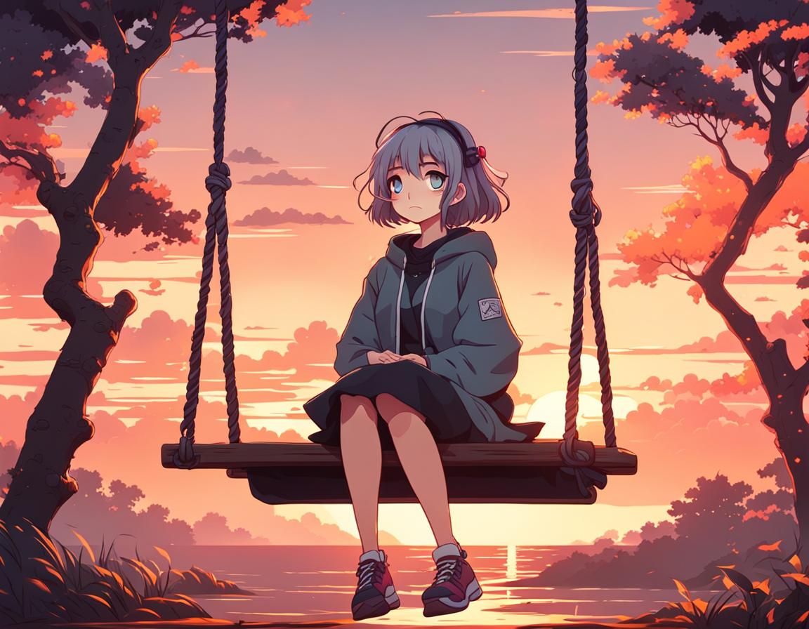 Lofi Anime Girl on Tree Swing at Sunset